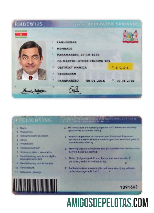 Carteira de motorista do Suriname amostra